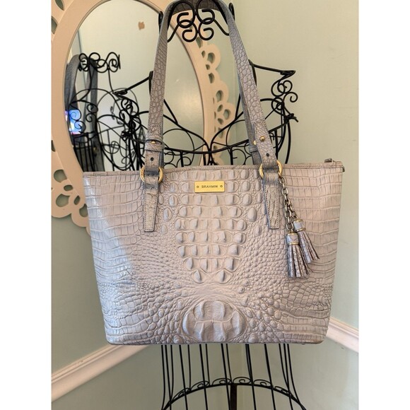 Brahmin BLUE Asher Medium  EMBOSSED Leather Shoulder Tote Handbag GORGEOUS! - Picture 1 of 9